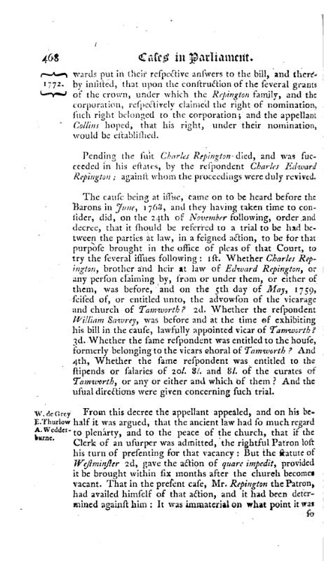 Reports of cases, upon appeals and writs of error, in the High Court of Parliament 1772 p.468